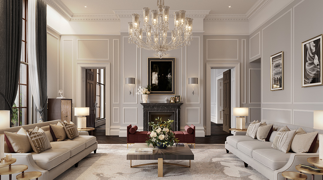 Living Room - The OWO - Residences by Raffles - Luxury London Apartments designed by 1508 London